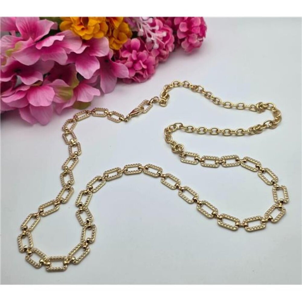 Modern Gold Tone Rectangle Link Faux Pearl Statement Necklace 42 Inch Rolo Chain